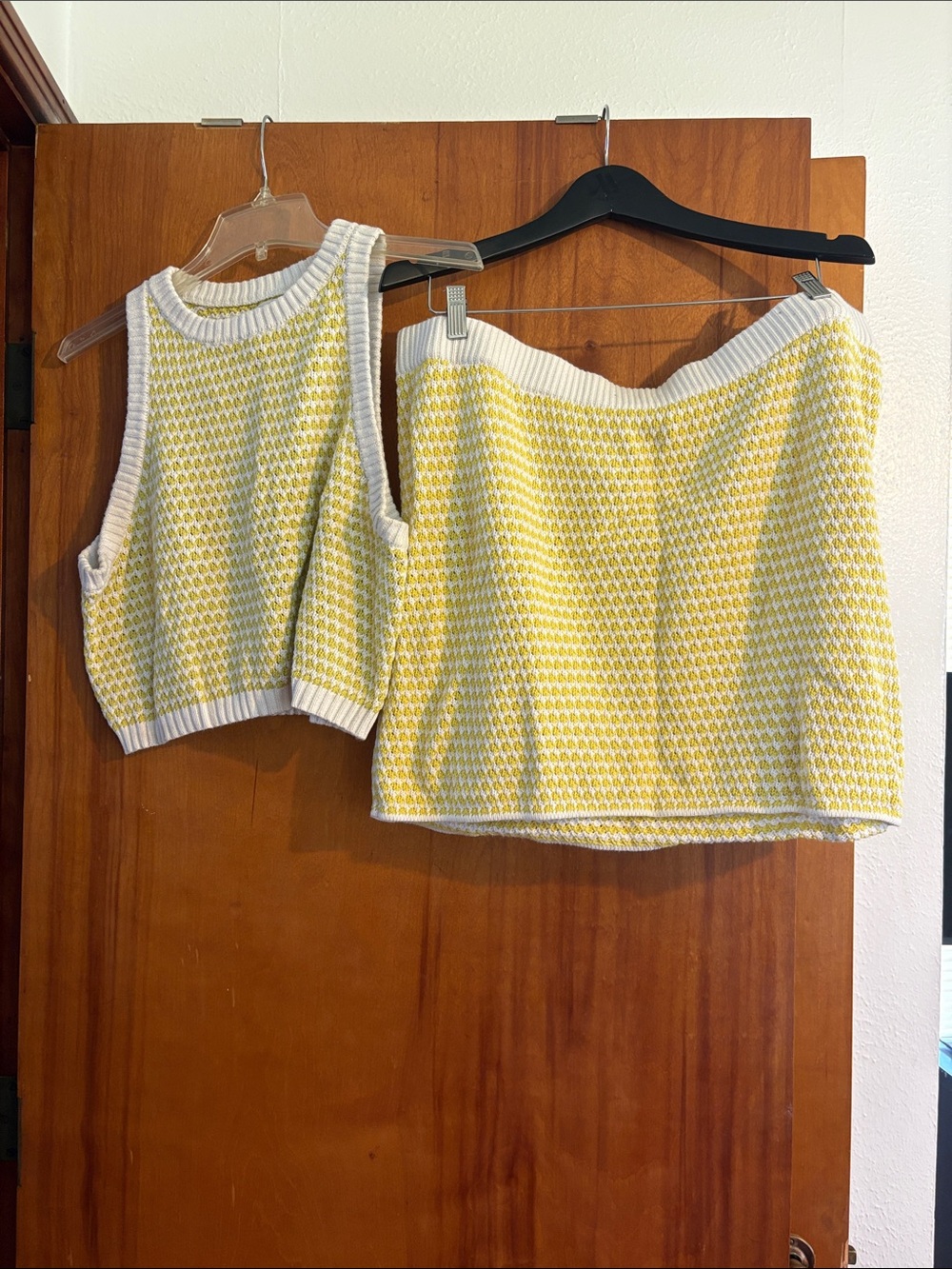 Future Collective Yellow & White Knit Cropped Tank Top with Matching Skirt